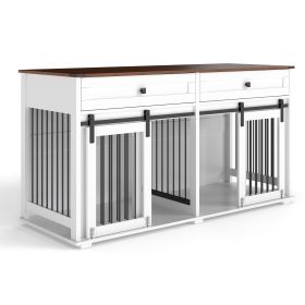63'' Large Dog Crate Furniture for Double Dog, Wooden Dog Kennel with 2 Drawers,Divider and Sliding Door