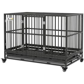 48" Heavy Duty Dog Crate Metal Cage Kennel with Lockable Wheels, Double Door and Removable Tray, gray